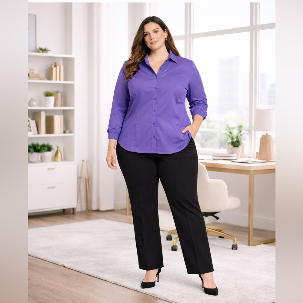 Worthington Stretch Button Down Blouse Purple Size 18 | Career Workwear NWT